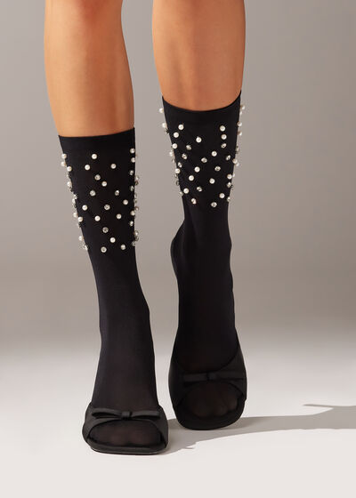 Opaque Short Socks with Pearls and Rhinestones