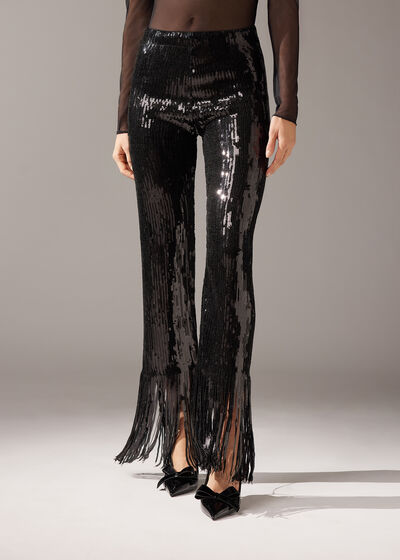 Flared Cropped Leggings with Sequin Fringe